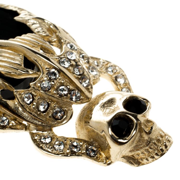 Pre Owned Givenchy Skull Black Resin Crystal & Gold Tone Long Clip-on Earrings