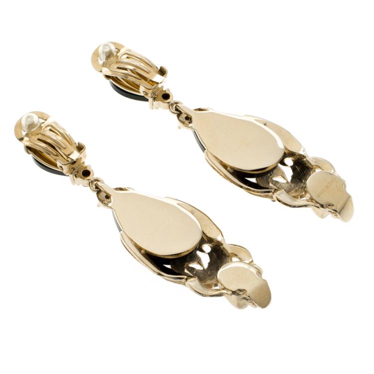 Pre Owned Givenchy Skull Black Resin Crystal & Gold Tone Long Clip-on Earrings