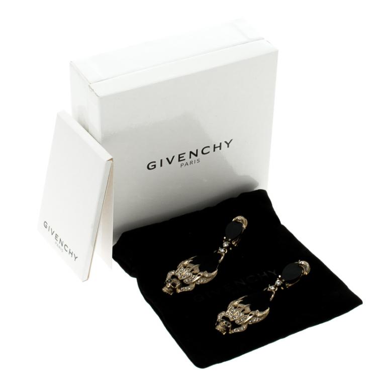 Pre Owned Givenchy Skull Black Resin Crystal & Gold Tone Long Clip-on Earrings