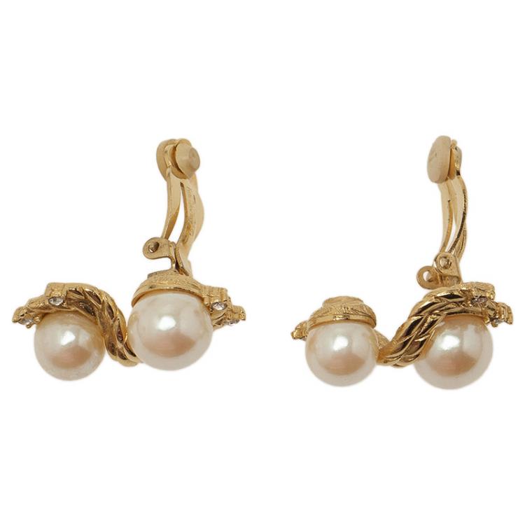 Pre Owned Givenchy Double Faux Pearl Crystal Clip On Earrings