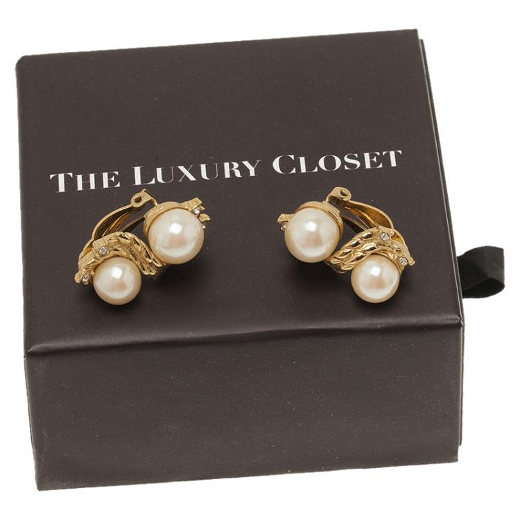 Pre Owned Givenchy Double Faux Pearl Crystal Clip On Earrings