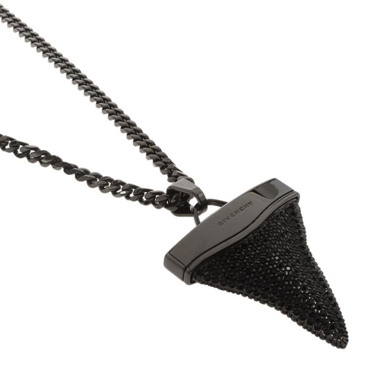 Pre Owned Givenchy Shark Tooth Black Crystals Silver Tone Pendant Necklace