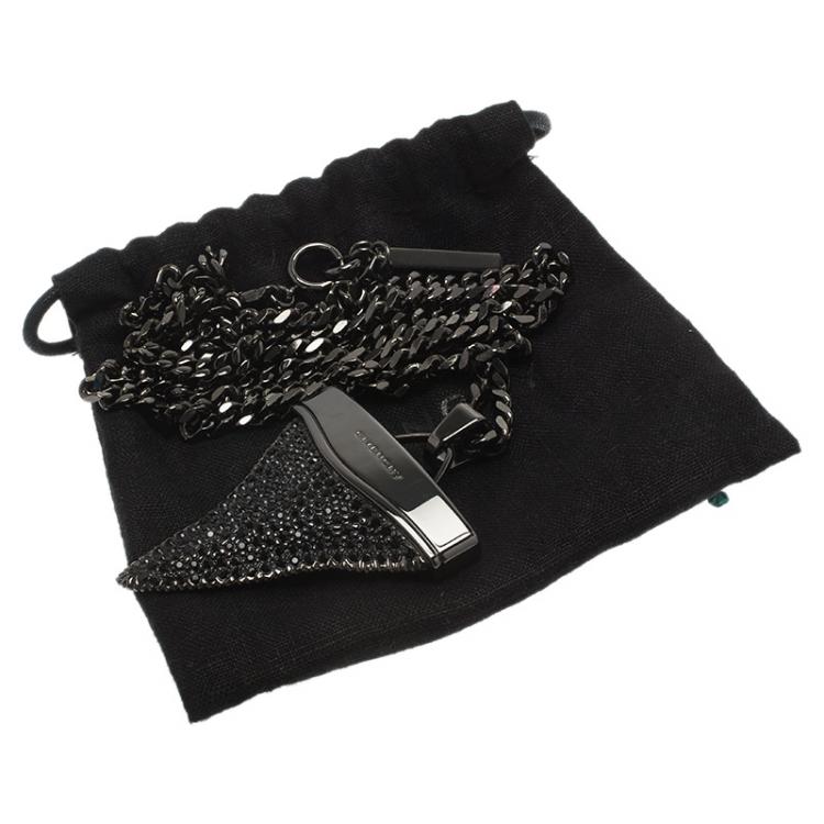 Pre Owned Givenchy Shark Tooth Black Crystals Silver Tone Pendant Necklace