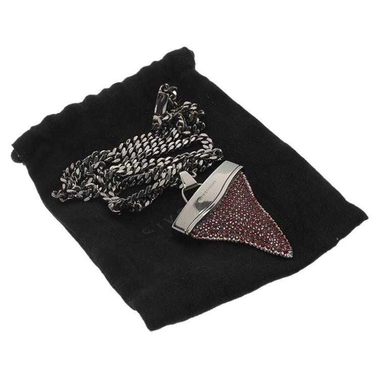 Pre Owned Givenchy Shark Tooth Red Crystals Silver Tone Pendant Necklace