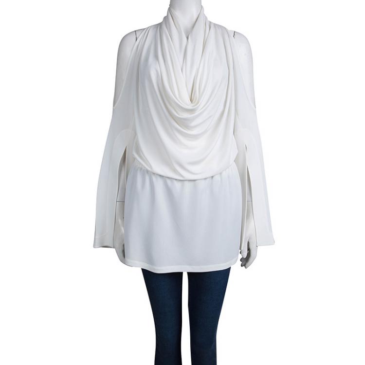 Pre Owned Givenchy White Knit Draped Cowl Neck Long Sleeve Top M