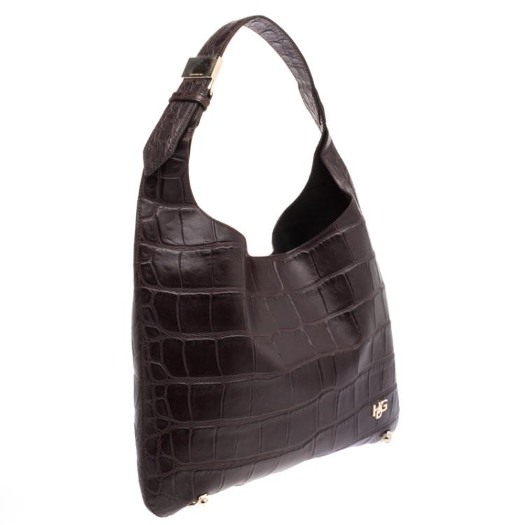 مملوكة مسبقًا Givenchy Dark Brown Croc Embossed Leather Small Hobo