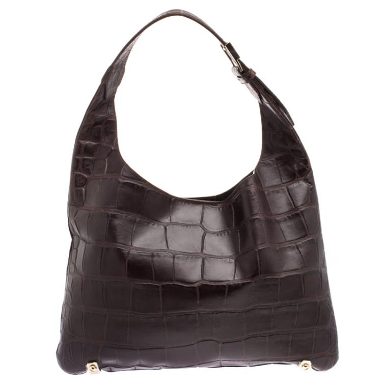 مملوكة مسبقًا Givenchy Dark Brown Croc Embossed Leather Small Hobo