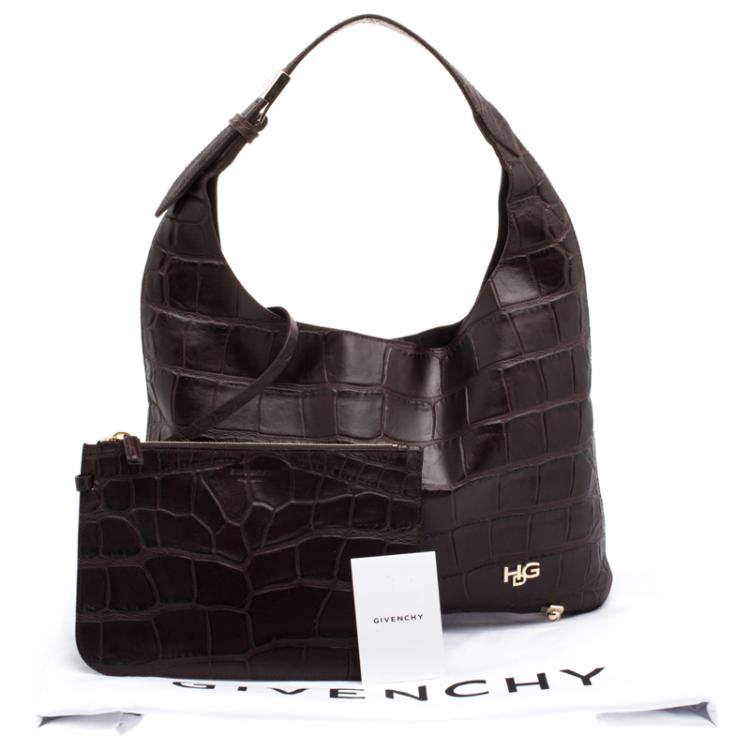 مملوكة مسبقًا Givenchy Dark Brown Croc Embossed Leather Small Hobo