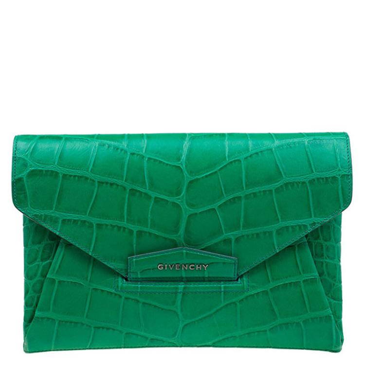 Pre Owned Givenchy Green Croc Embossed Leather Medium Antigona Envelope Clutch