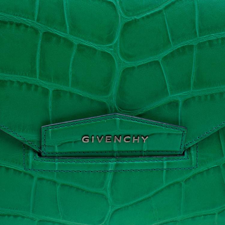 Pre Owned Givenchy Green Croc Embossed Leather Medium Antigona Envelope Clutch