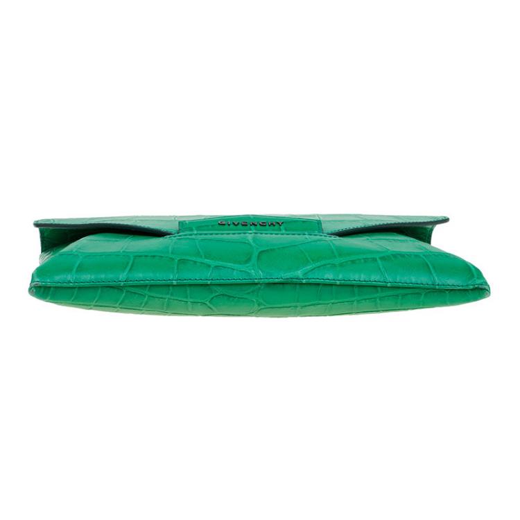 Pre Owned Givenchy Green Croc Embossed Leather Medium Antigona Envelope Clutch