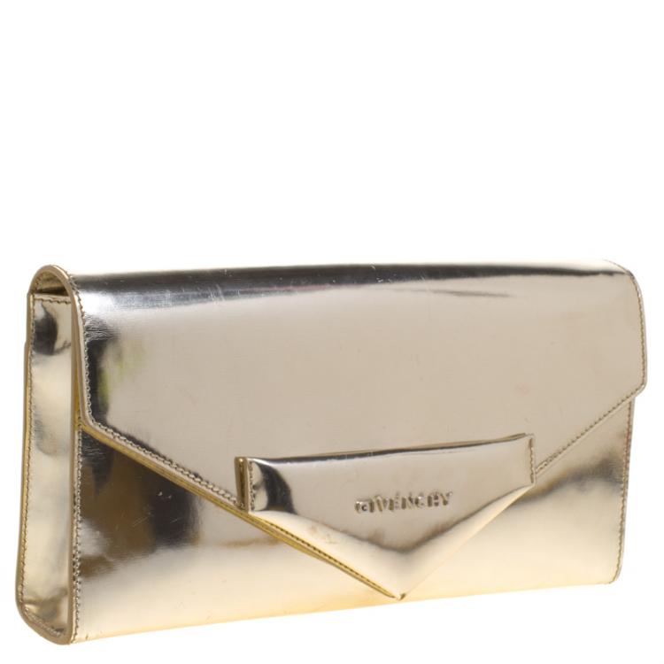 Pre Owned Givenchy Gold Patent Leather Antigona Enveloped Clutch