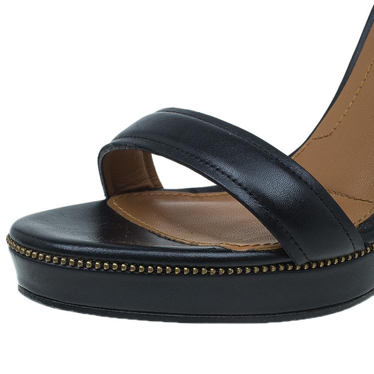 مملوكة مسبقًا Givenchy Black Leather Zipper Trim Platform Ankle Strap Wedge Sandals Size 37