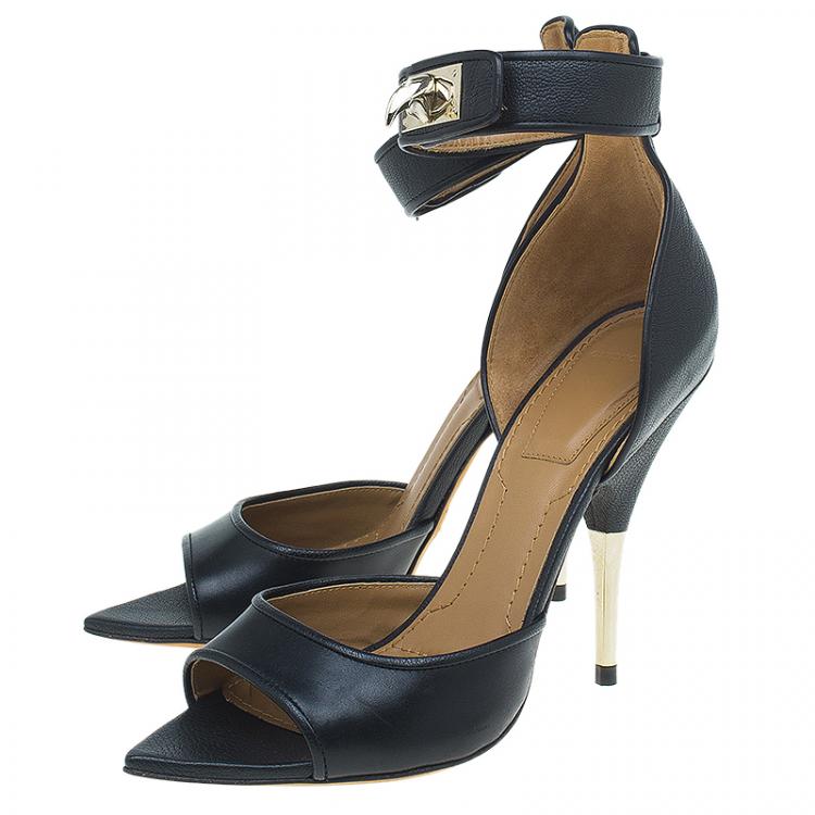 Pre Owned Givenchy Black Leather Sharktooth Ankle Wrap Sandals  Size 37