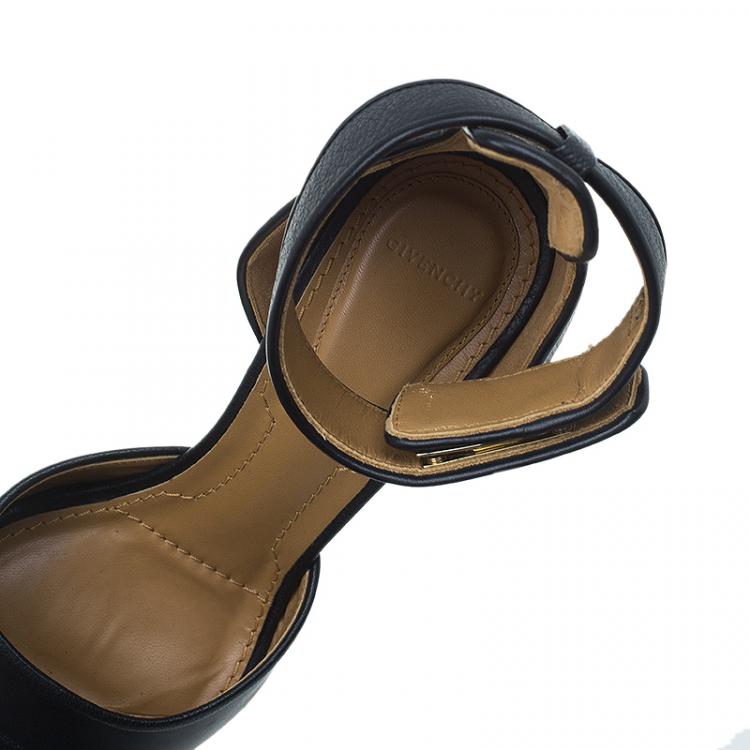 Pre Owned Givenchy Black Leather Sharktooth Ankle Wrap Sandals  Size 37