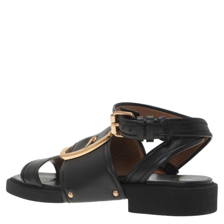 Pre Owned Givenchy Black Leather Victor Buckle Flat Sandals Size 39
