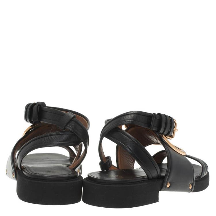 Pre Owned Givenchy Black Leather Victor Buckle Flat Sandals Size 39