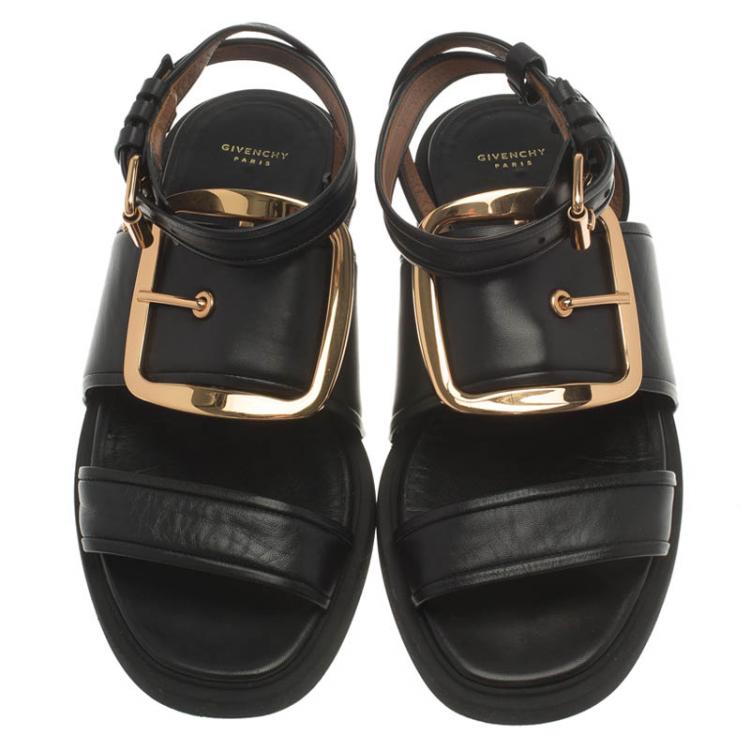 Pre Owned Givenchy Black Leather Victor Buckle Flat Sandals Size 39