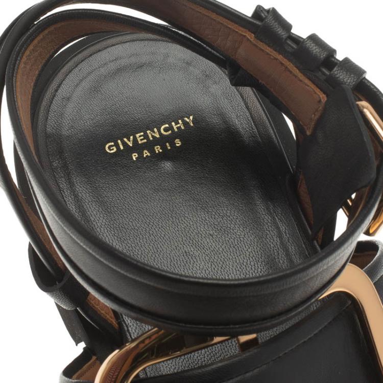 Pre Owned Givenchy Black Leather Victor Buckle Flat Sandals Size 39