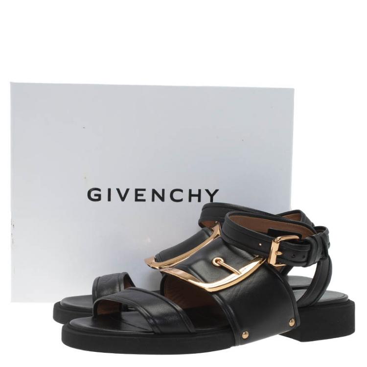 Pre Owned Givenchy Black Leather Victor Buckle Flat Sandals Size 39
