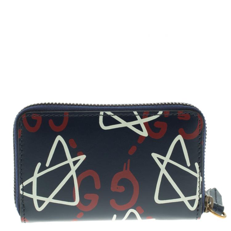 Pre Owned Gucci Black Ghost Print Leather Zip Around Card Case