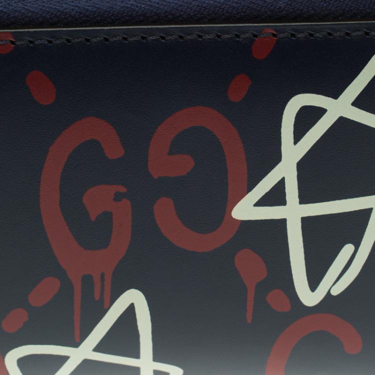 Pre Owned Gucci Black Ghost Print Leather Zip Around Card Case