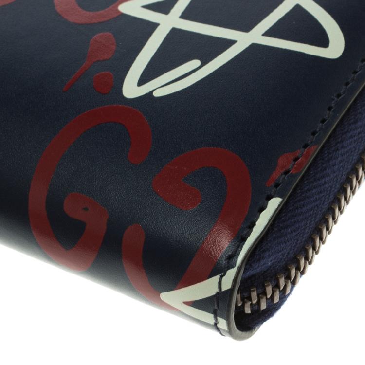 Pre Owned Gucci Black Ghost Print Leather Zip Around Card Case