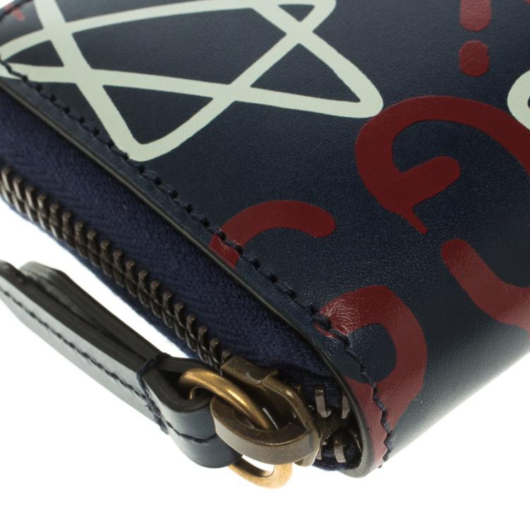 Pre Owned Gucci Black Ghost Print Leather Zip Around Card Case