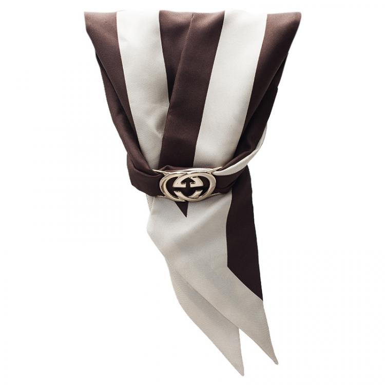 Pre Owned Gucci Brown Interlocking GG Logo Silk Bandeau with Removable Logo Clip