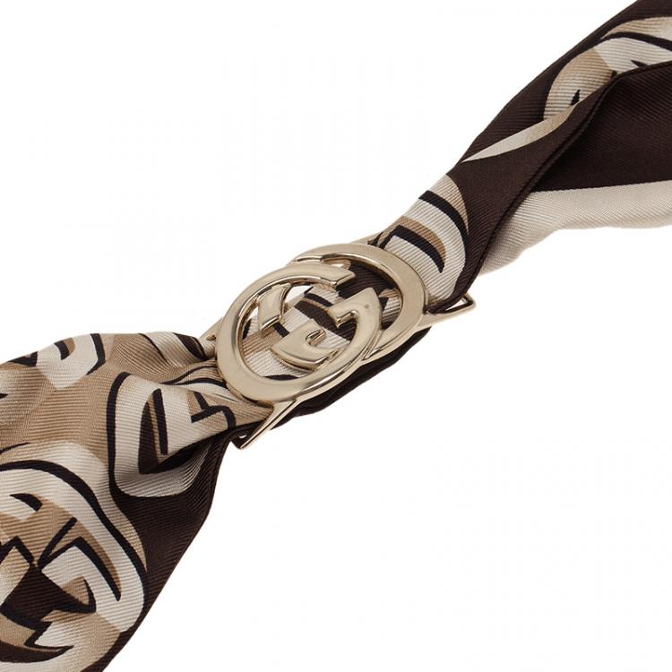 Pre Owned Gucci Brown Interlocking GG Logo Silk Bandeau with Removable Logo Clip