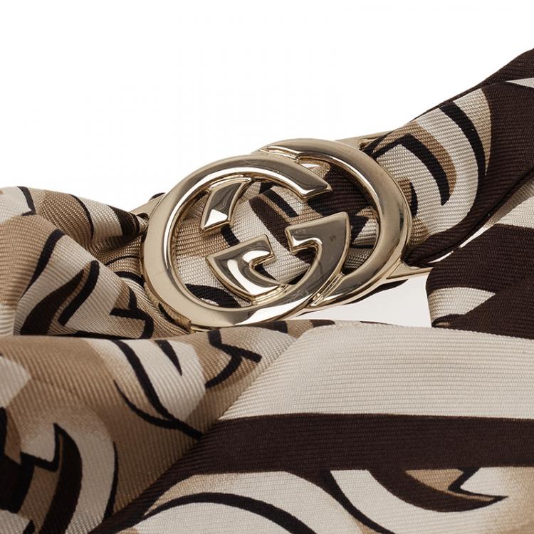 Pre Owned Gucci Brown Interlocking GG Logo Silk Bandeau with Removable Logo Clip