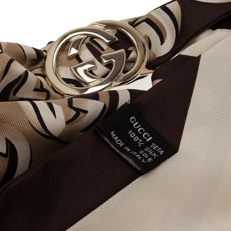 Pre Owned Gucci Brown Interlocking GG Logo Silk Bandeau with Removable Logo Clip