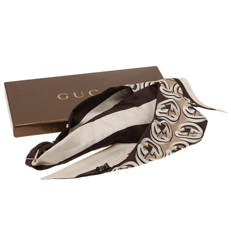 Pre Owned Gucci Brown Interlocking GG Logo Silk Bandeau with Removable Logo Clip