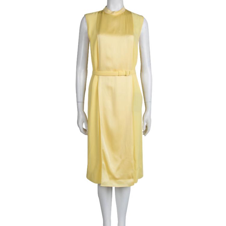 Pre Owned Gucci Yellow Overlay Sleeveless Belted Dress M