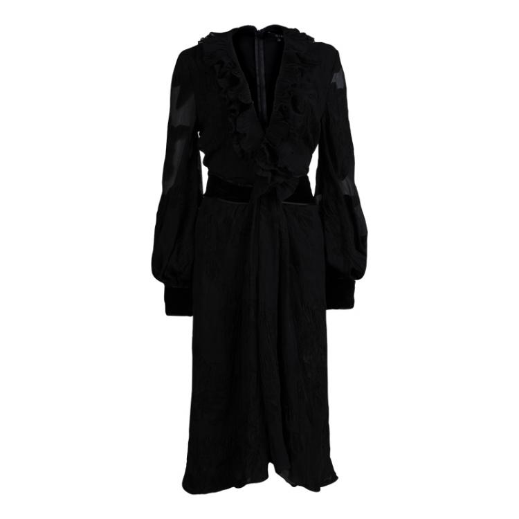 Pre Owned Gucci Black Jacquard Chiffon Ruffle Detail Long Sleeve Dress M