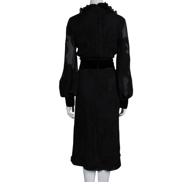 Pre Owned Gucci Black Jacquard Chiffon Ruffle Detail Long Sleeve Dress M