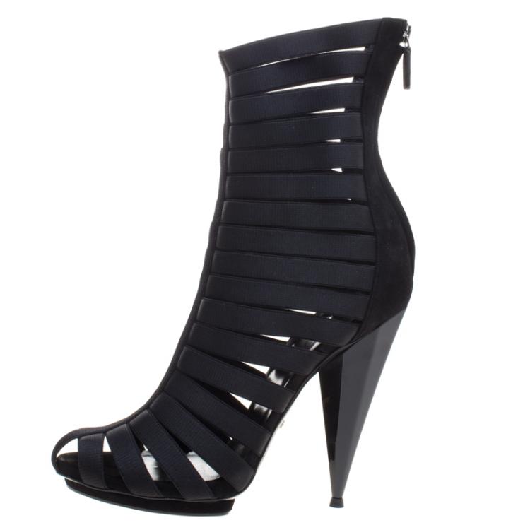Pre Owned Gucci Black Elastic and Suede Isadora Gladiator Boots Size 40