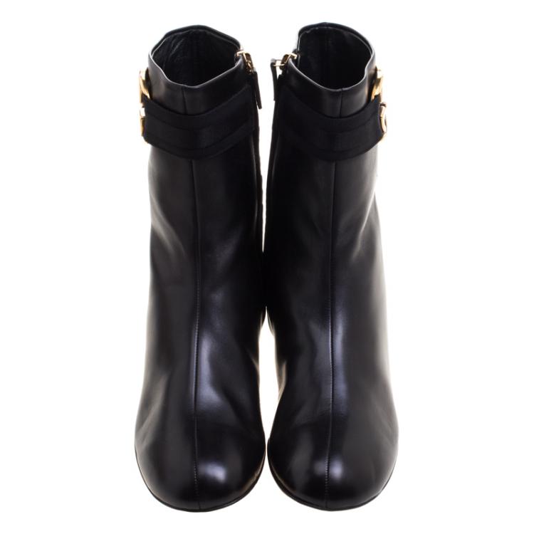 Pre Owned Gucci Black Leather Interlocking GG Ankle Boots Size 38