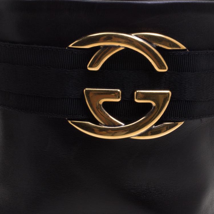 Pre Owned Gucci Black Leather Interlocking GG Ankle Boots Size 38