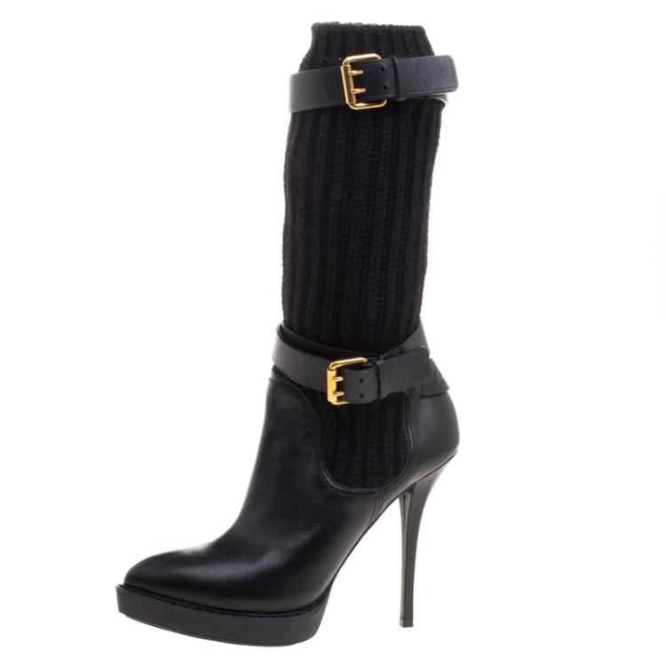 Gucci Black Leather and Knitted Wool Lifford Platform Boots Size