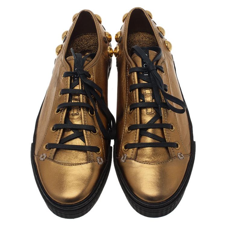 Pre Owned Gucci Golden Leather Babouska Studded Praga Sneakers Size 38.5