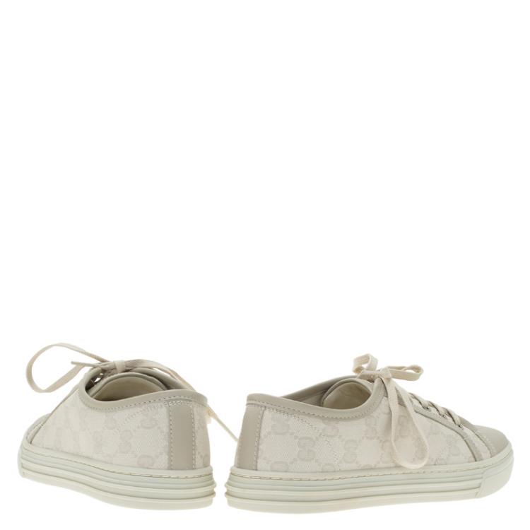 Pre Owned Gucci Cream Leather and GG Canvas Sneakers