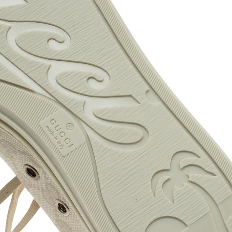 Pre Owned Gucci Cream Leather and GG Canvas Sneakers