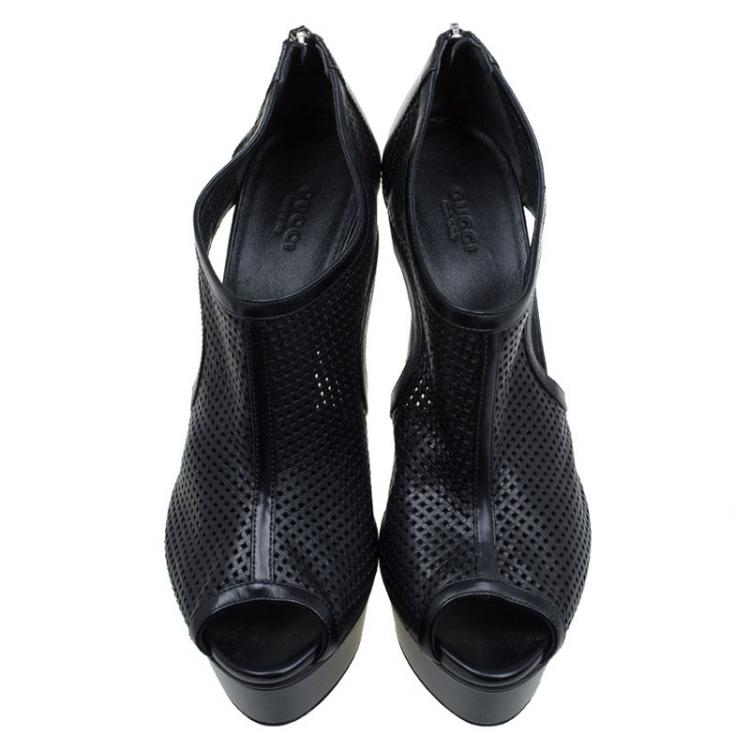 Pre Owned Gucci Black Perforated Leather Kim Platform Ankle Boots Size 39.5