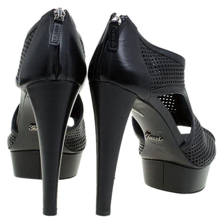 Pre Owned Gucci Black Perforated Leather Kim Platform Ankle Boots Size 39.5