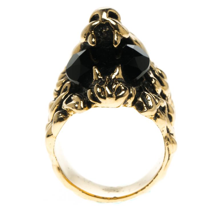Pre Owned Gucci Black Crystal Lion Head Gold Tone Ring Size 56