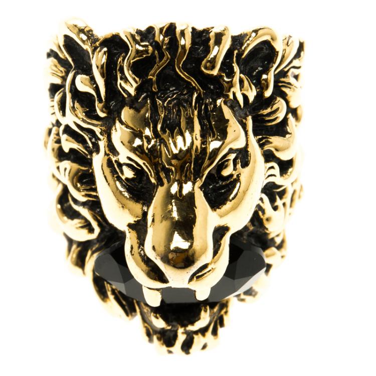 Pre Owned Gucci Black Crystal Lion Head Gold Tone Ring Size 56
