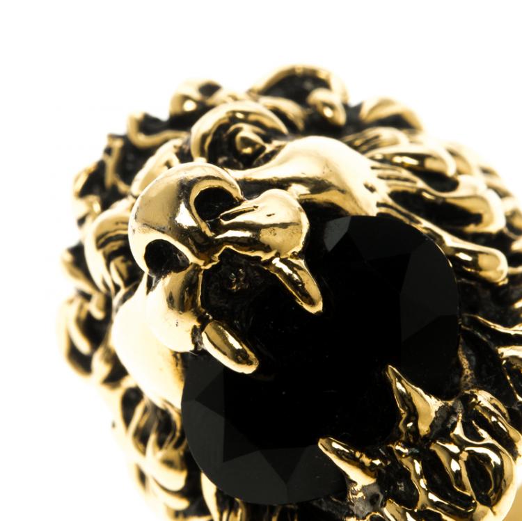 Pre Owned Gucci Black Crystal Lion Head Gold Tone Ring Size 56