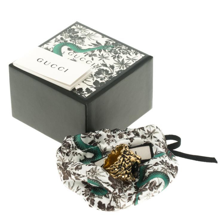 Pre Owned Gucci Black Crystal Lion Head Gold Tone Ring Size 56