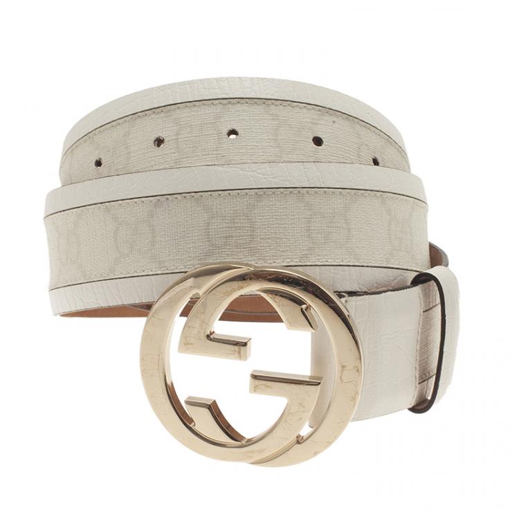 Gucci White GG Supreme Canvas And Leather Interlocking G Buckle Belt 90 CM  Gucci